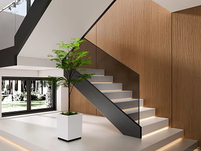 Modern Staircase with Glass Railing Black Frame White Steps Wooden Wall and Potted Plant 3d model