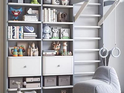 Cute Stuffed Dolls On Gray Bookshelf In Kids Room With Storage Boxes And Toys 3d model