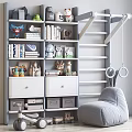Cute Stuffed Dolls On Gray Bookshelf In Kids Room With Storage Boxes And Toys