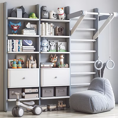 Cute Stuffed Dolls On Gray Bookshelf In Kids Room With Storage Boxes And Toys 3d model