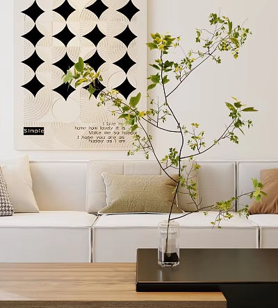 Green Leaf Branches With Yellow Blooms In Vase By White Sofa And Decorative Wall Art 3d model