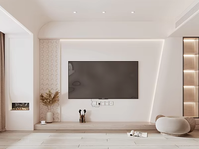 Minimalist Modern TV Background Wall With White Panel LED Lighting Decorative Plants And Shelves 3d model