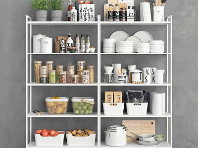 Organized Kitchenware Storage Shelf With Dishes Bowls Cans And Fresh Produce 3d model