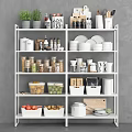 Organized Kitchenware Storage Shelf With Dishes Bowls Cans And Fresh Produce
