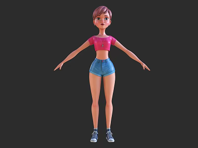 Cartoon Game Movie Character With Short Hair Pink Crop Top Denim Shorts And Casual Sneakers 3d model