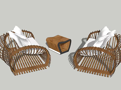 Modern Wicker Landscape Seats With White Cushions And Wooden Coffee Table 3d model