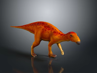 Orange Red Dinosaur 3D Model With Spotted Skin Standing On Reflective Surface Against Gray Background 3d model