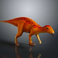 Orange Red Dinosaur 3D Model With Spotted Skin Standing On Reflective Surface Against Gray Background