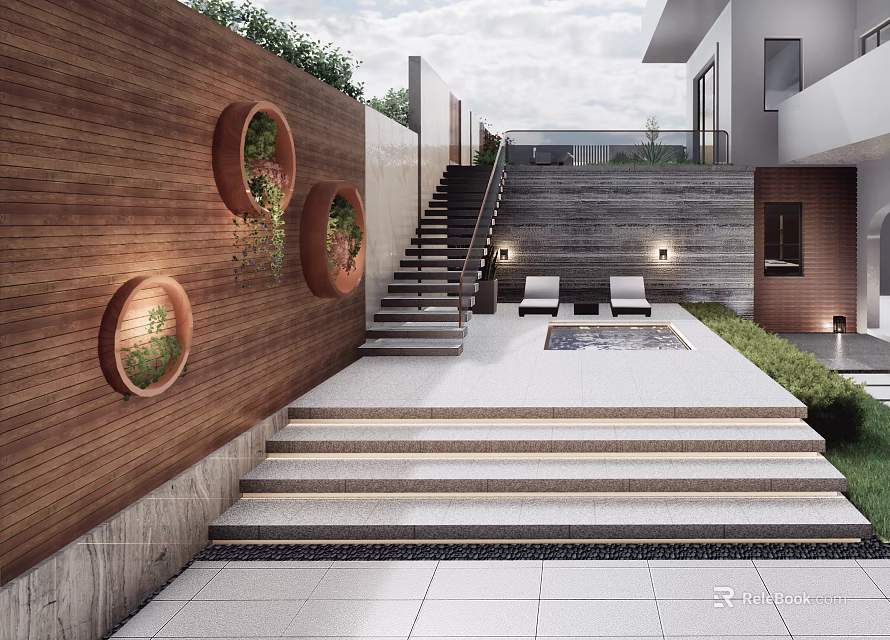 Modern Garden Patio With Wooden Wall Circular Plant Decor Steps And Pool Area 3d model 