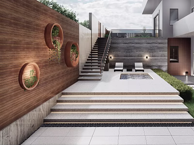 Modern Garden Patio With Wooden Wall Circular Plant Decor Steps And Pool Area 3d model