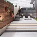 Modern Garden Patio With Wooden Wall Circular Plant Decor Steps And Pool Area