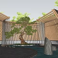 Wooden Pergola Design with Sloped Roof Surrounding Pine Tree and Stone Water Feature