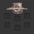 Chinese Traditional Ceramic Tea Set With Bamboo Handle Teapot And Six Square Red Blue Cups