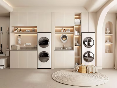 Modern White Bathroom Cabinetry With Storage Shelves Mirror And Washing Machines 3d model