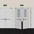 Three Gray Fire Doors With Green Exit Signs And Red Fire Equipment Interior 3d model