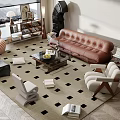 Modern Leather Sofa and Coffee Table Set with Checkerboard Rug Accent Chairs and Bookshelf