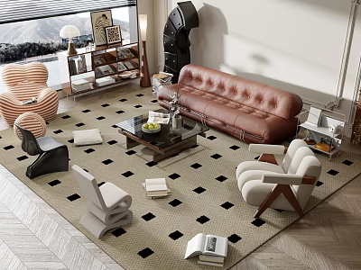 Modern Leather Sofa and Coffee Table Set with Checkerboard Rug Accent Chairs and Bookshelf 3d model