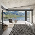 Modern Hotel Room With Lake And Mountain View Fireplace Armchair And Area Rug