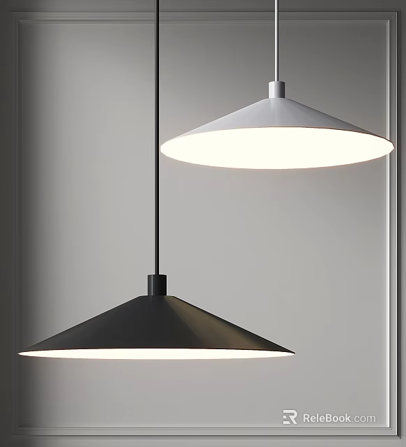 Two Black And White Conical Pendant Lights Hanging Against Gray Wall 3d model