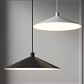 Two Black And White Conical Pendant Lights Hanging Against Gray Wall 3d model