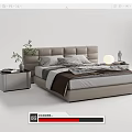 Modern Double Bed with Leather Headboard Beige Bedspread Decorative Pillows and Nightstands