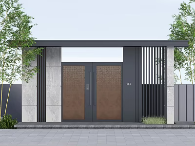 Modern Entrance Door Design With Stone Walls Black Slatted Panels And Green Plants 3d model