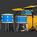 Colorful Drum Set With Yellow Drumheads Blue Shells Red Stool And Multiple Drumming Equipment 3d model