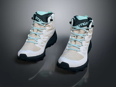 PRODO Beige Hiking Boots High Top With Light Green Laces Black Sole Breathable Mesh 3d model