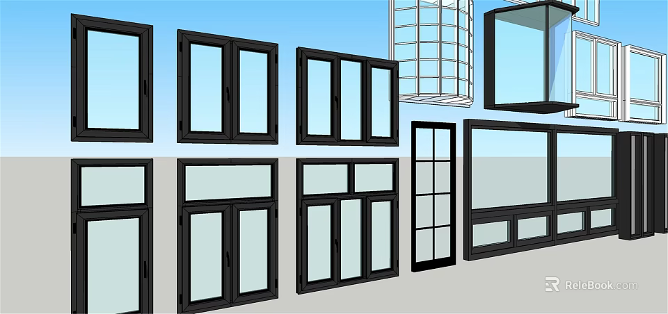 Various Black Framed Windows With Different Styles And Sizes 3d model