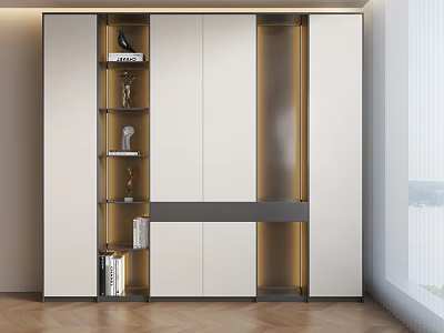 Modern White Bookcase Interior Design With Gray Accents Lighting Books And Decor 3d model