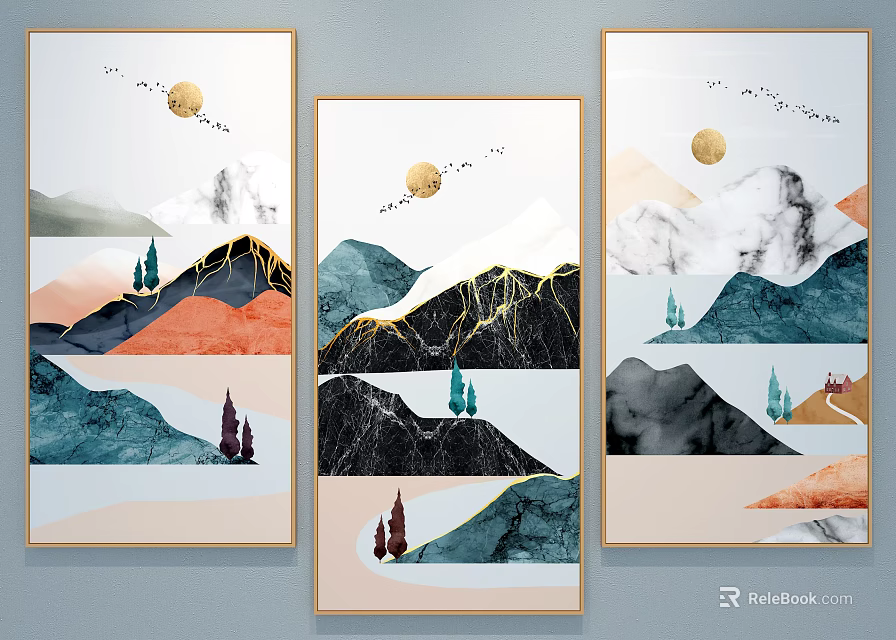 Abstract Mountain Landscape Paintings With Moon Trees And Colorful Design Elements 3d model
