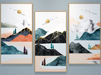 Abstract Mountain Landscape Paintings With Moon Trees And Colorful Design Elements 3d model