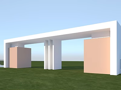 School Building with White Arch Entrance Light Brown Walls and Green Lawn Under Blue Sky 3d model
