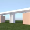 School Building with White Arch Entrance Light Brown Walls and Green Lawn Under Blue Sky