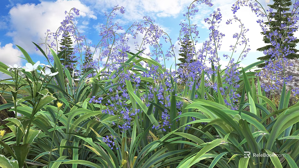 Stunning Purple Flowers And Lush Green Leaves In Garden Against Blue Sky With Pine Trees 3d model 