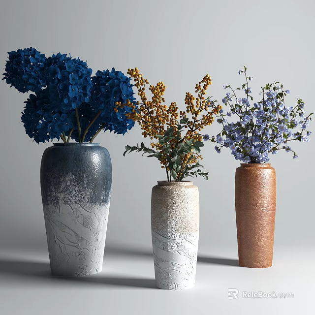 Elegant Textured Vases with Blue Yellow Purple Flowers in Blue White Beige Brown Ceramic Design 3d model 