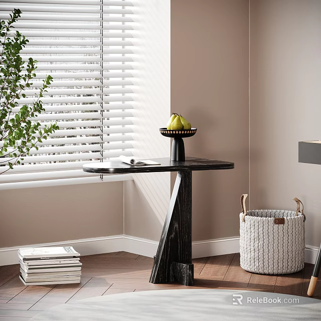 Stylish Black Side Table With Marble Top And Fruits Beside Window Wooden Floor 3d model 