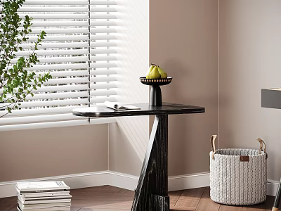 Stylish Black Side Table With Marble Top And Fruits Beside Window Wooden Floor 3d model