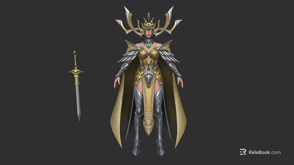 Game Fantasy Warrior Character With Gold Silver Armor Crown And Sword 3d model 