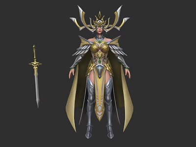 Game Fantasy Warrior Character With Gold Silver Armor Crown And Sword 3d model