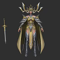 Game Fantasy Warrior Character With Gold Silver Armor Crown And Sword