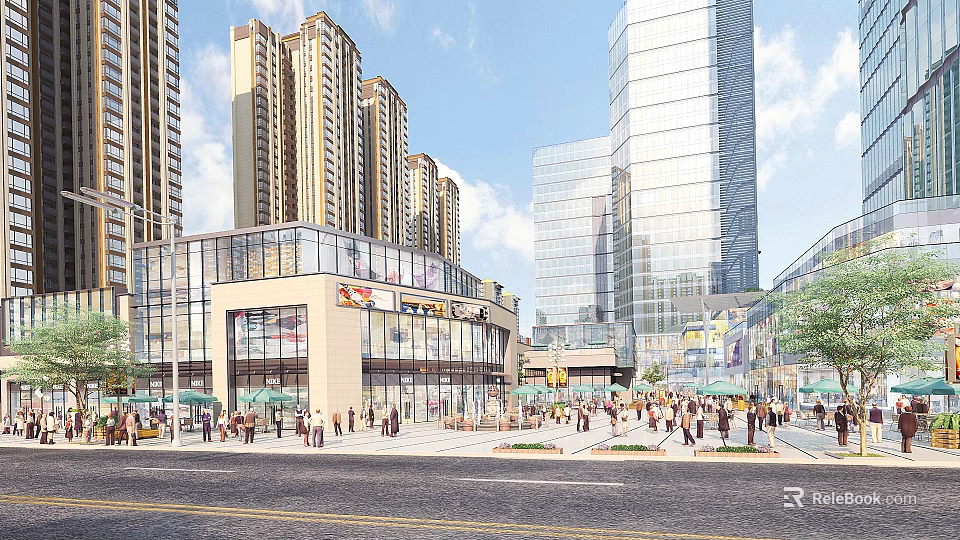 Vibrant Commercial Street with Tall Modern Buildings Shops and Busy Pedestrians in Urban Plaza 3d model 