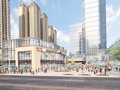 Vibrant Commercial Street with Tall Modern Buildings Shops and Busy Pedestrians in Urban Plaza 3d model