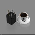 Stylish Desk Accessories Black Pen Holder With Pens And White Coffee Cup On Saucer
