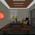 Modern Office Interior With Wooden Ceiling Long Wooden Table Benches TV Desk And Chair