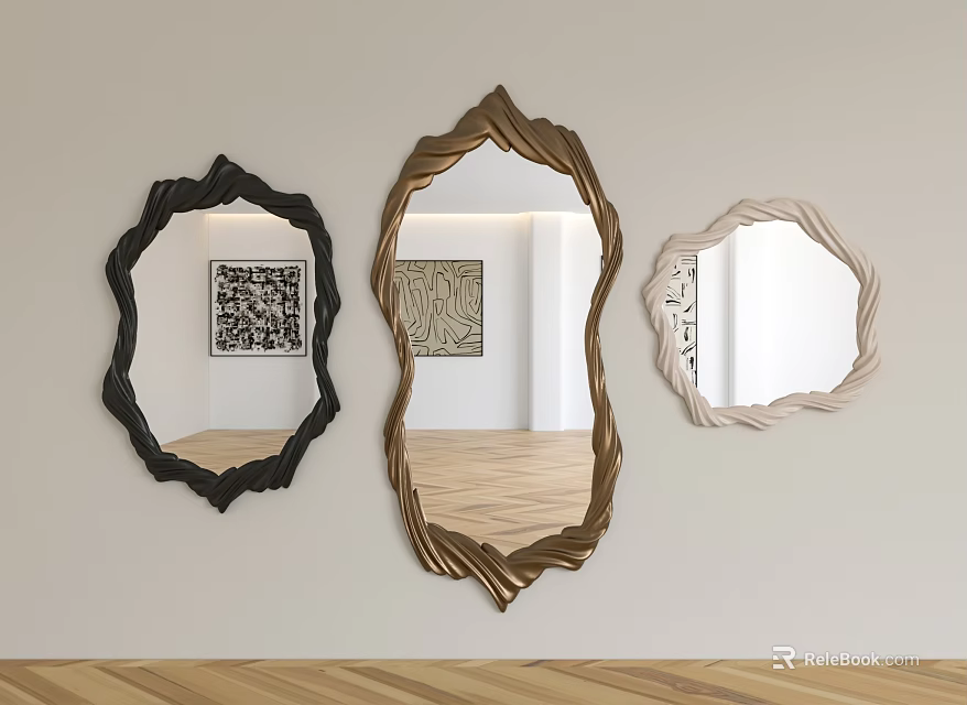 Three Decorative Mirrors with Irregular Wavy Frames Black Gold Beige on Light Wall Reflecting Artwork 3d model 