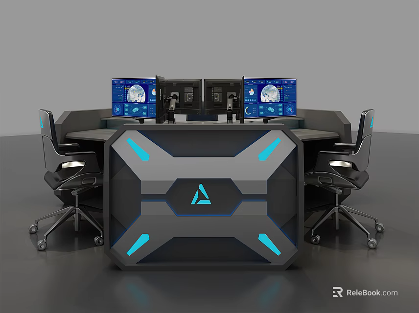 Tech Inspired Office Desk With Hexagonal Design Multiple Monitors And Blue Lights 3d model
