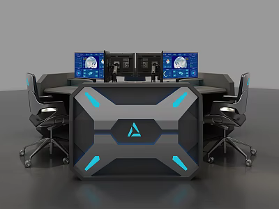 Tech Inspired Office Desk With Hexagonal Design Multiple Monitors And Blue Lights 3d model