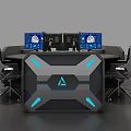 Tech Inspired Office Desk With Hexagonal Design Multiple Monitors And Blue Lights 3d model