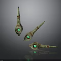 Ornate Decorative Spire Sculptures With Green Gemstones Metallic Finish And Intricate Patterns